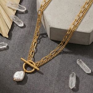 18K Gold Plated Steel Pearl Toggle Necklace Minimalist Water Resistant Gift